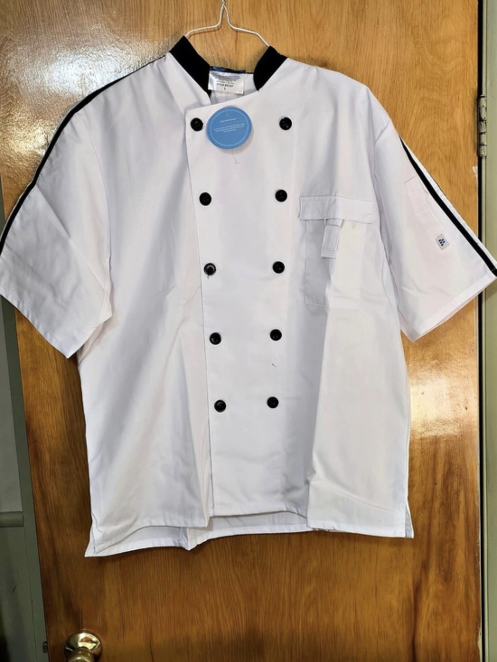 CookCool Happy Chef SC527 Chef Coat Large White Black Short Sleeve NWT